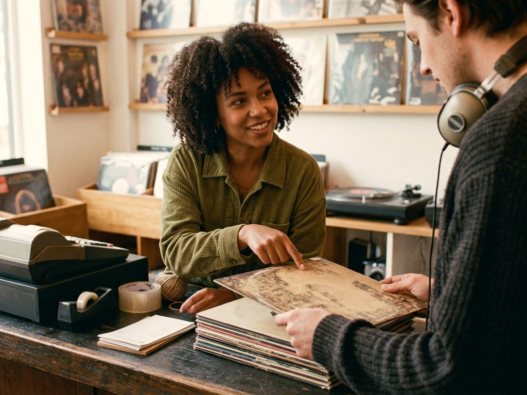 Shop owner smiling and showing a customer wearing headphones a record at the counter, surrounded by vinyl displays and a turntable