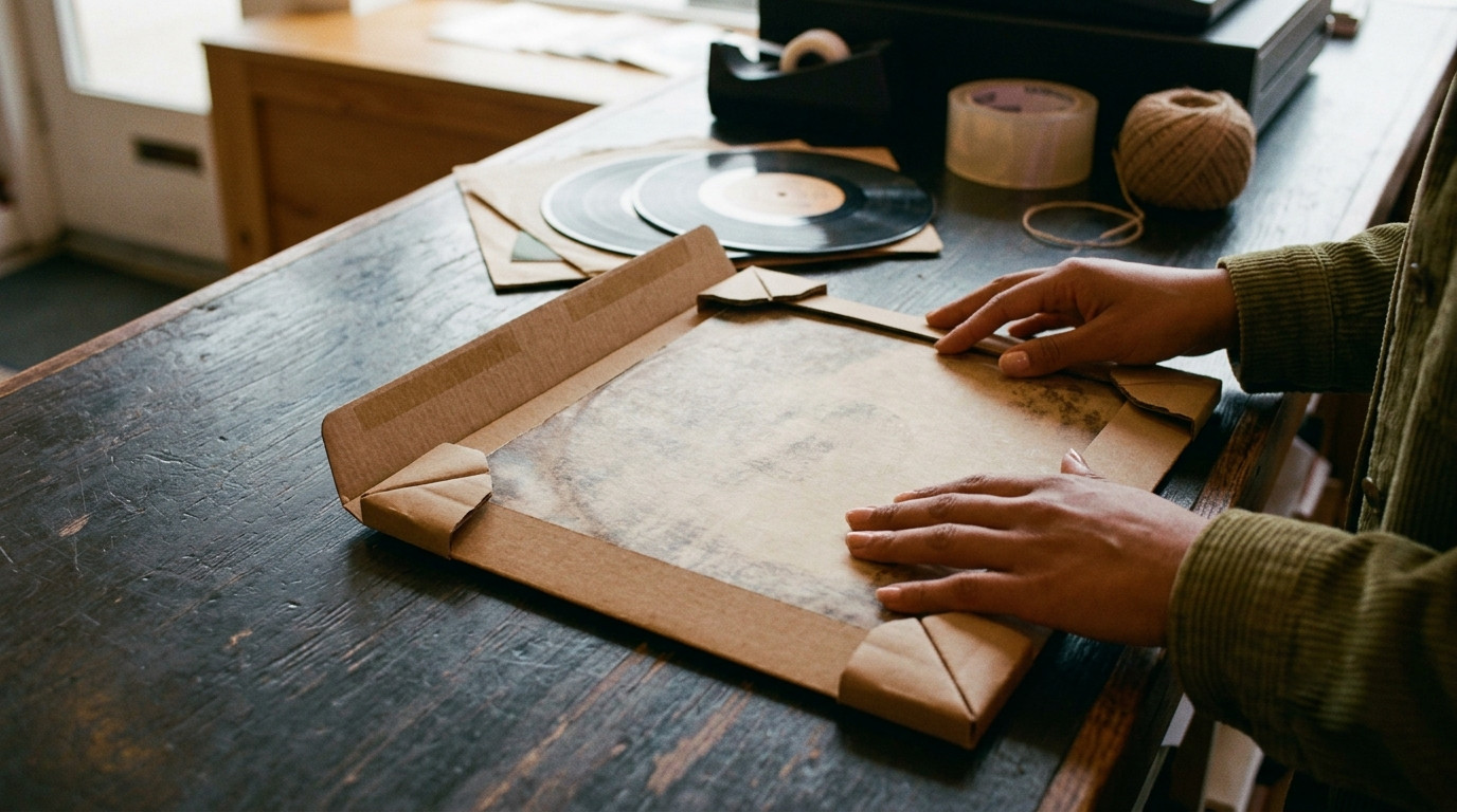 Image of clerk carefully packing a vinyl record