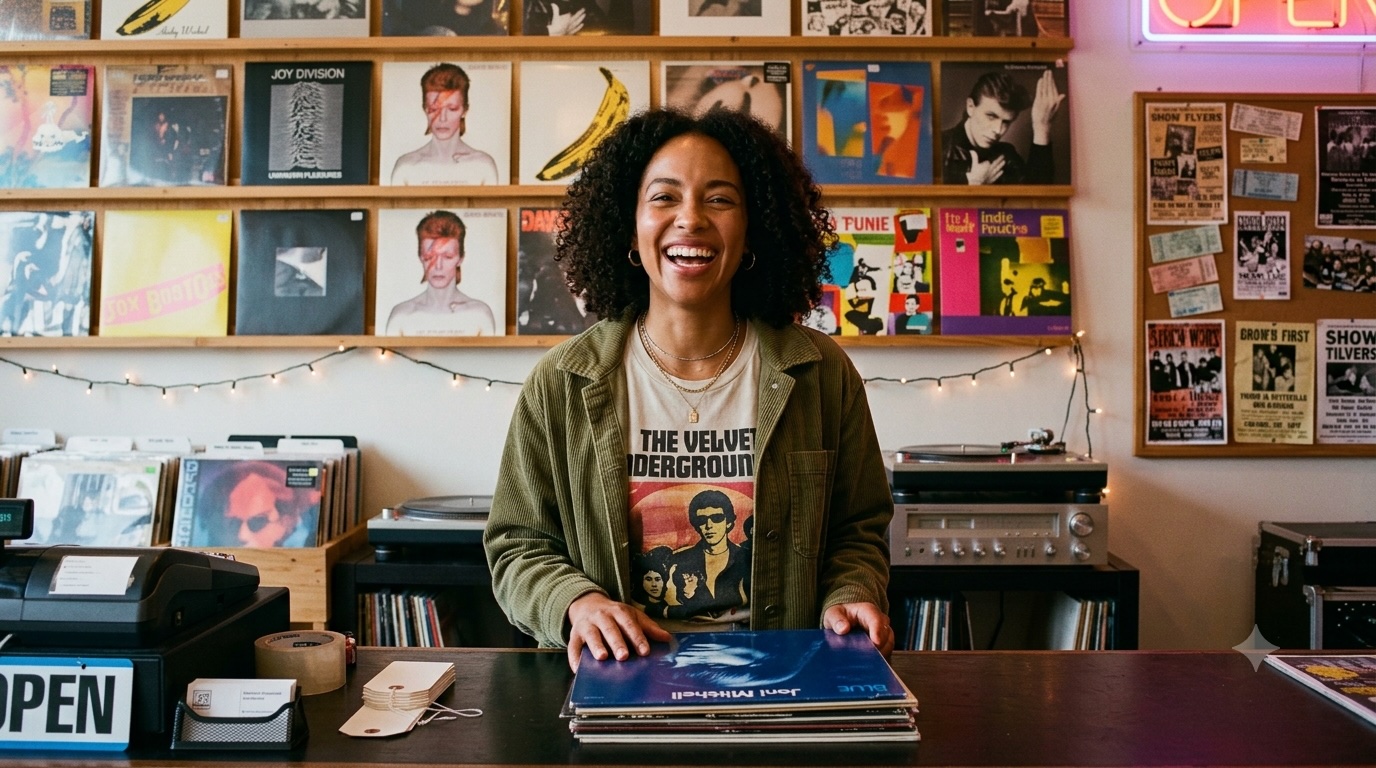 Store employee at the counter with a stack of vinyl records